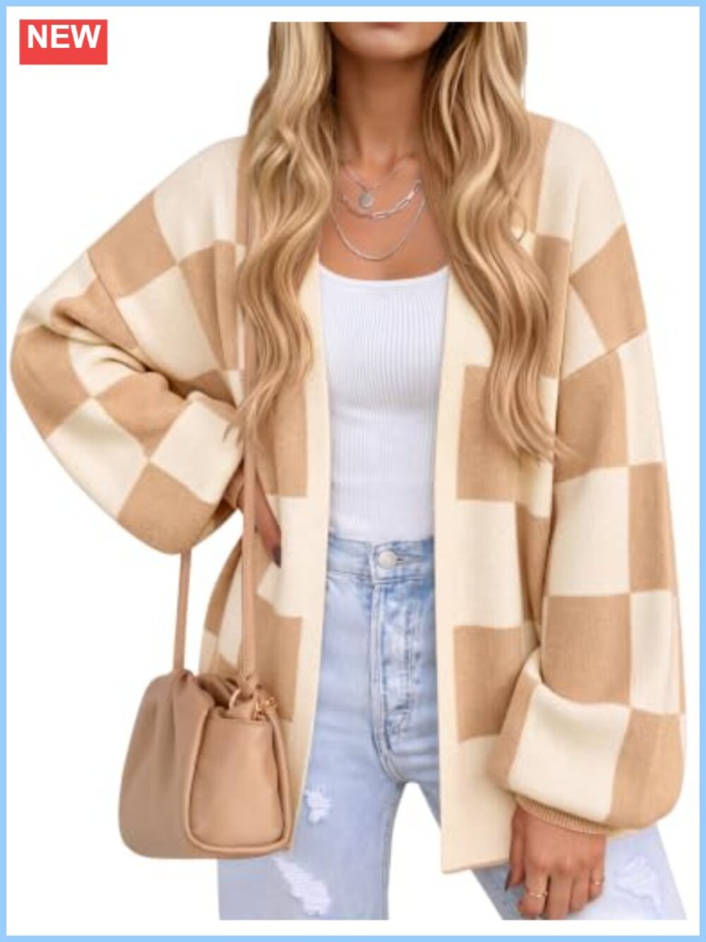Oversized Buffalo Plaid Open Front Cardigan Women Loose Knit Fall